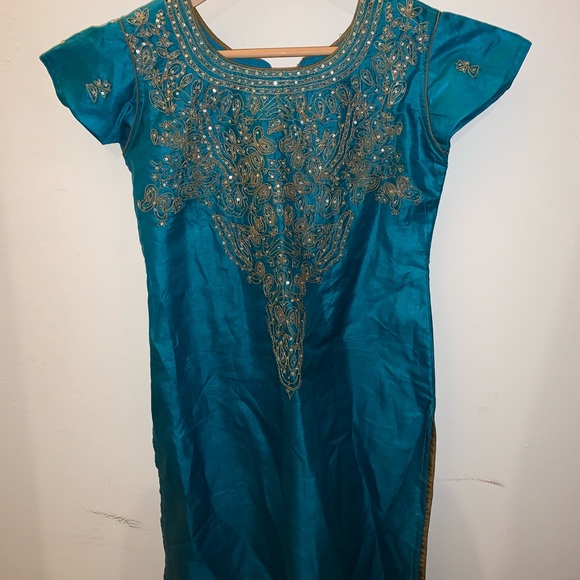 blue gold bollywood indian dress tunic kurti top - Picture 3 of 4
